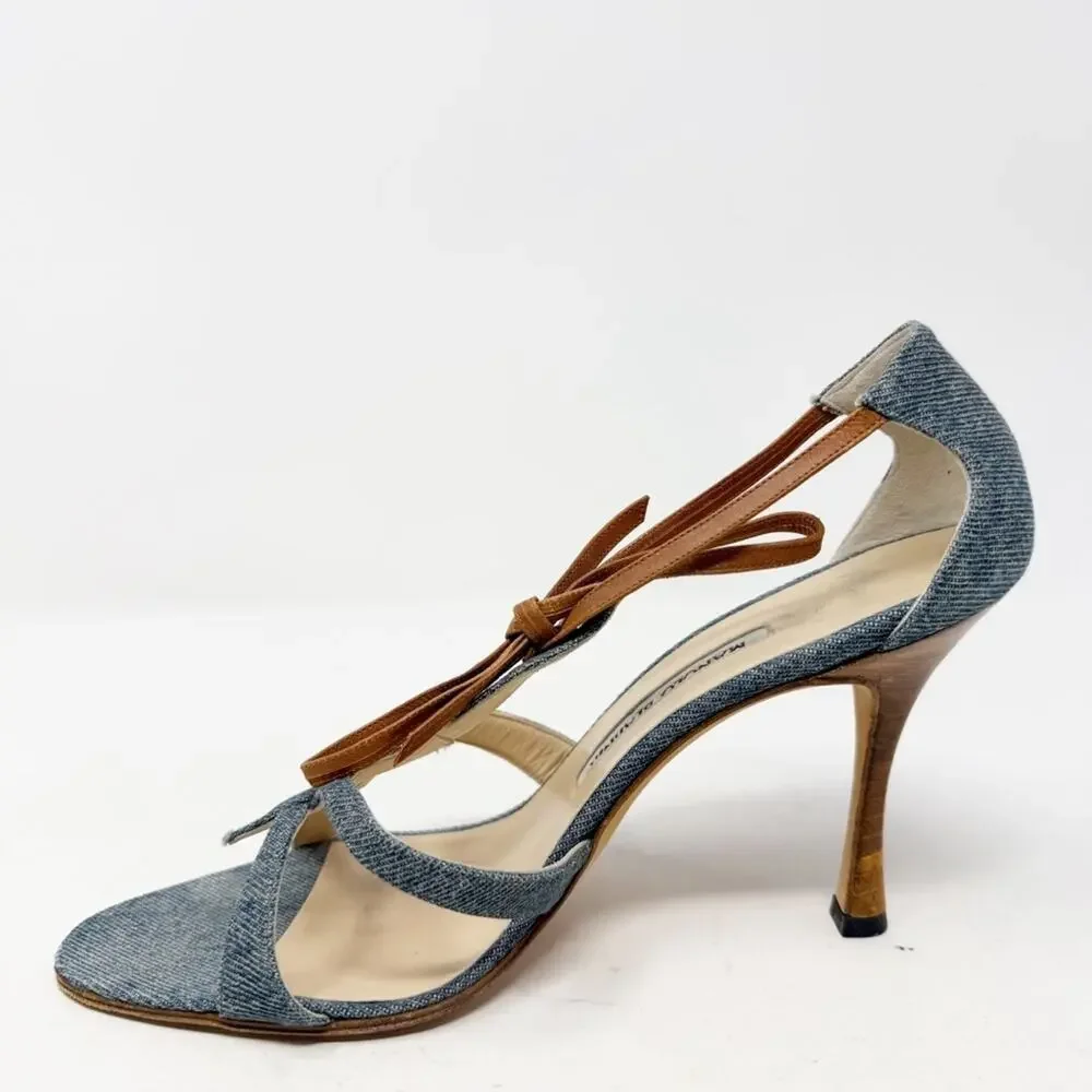 Manolo Blahnik Denim Strappy Sandals Heels Womens Size EU 38.5